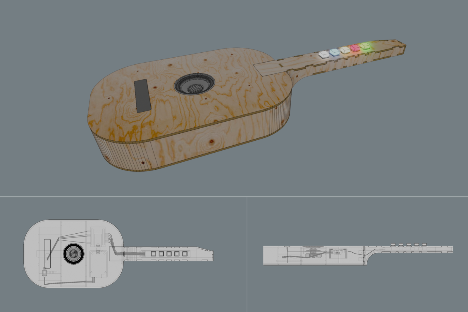 Ein 3-D Entwurf einer Gitarre aus Holz.